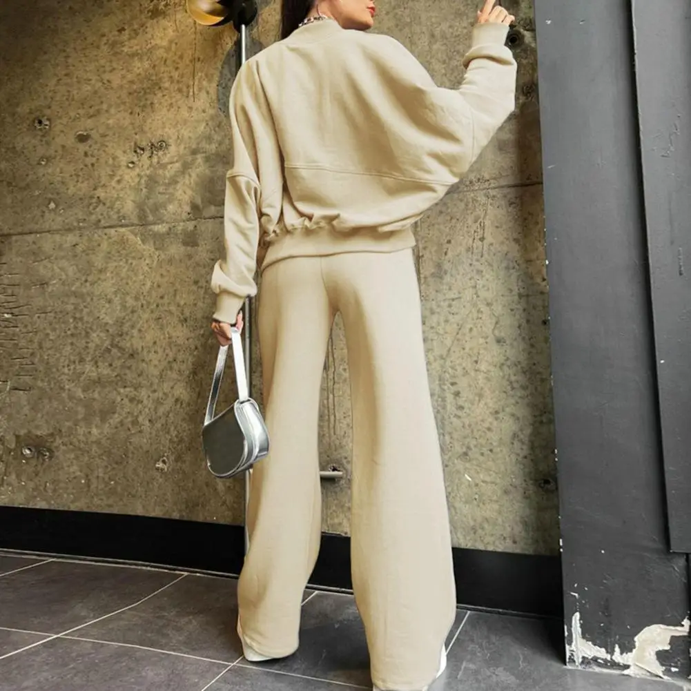 Women Loose Fit Suit Lightweight Women Coat Pants Set Zipper Closure Wide Leg Women\'s Stand Collar Tracksuit Set for Daily Wear