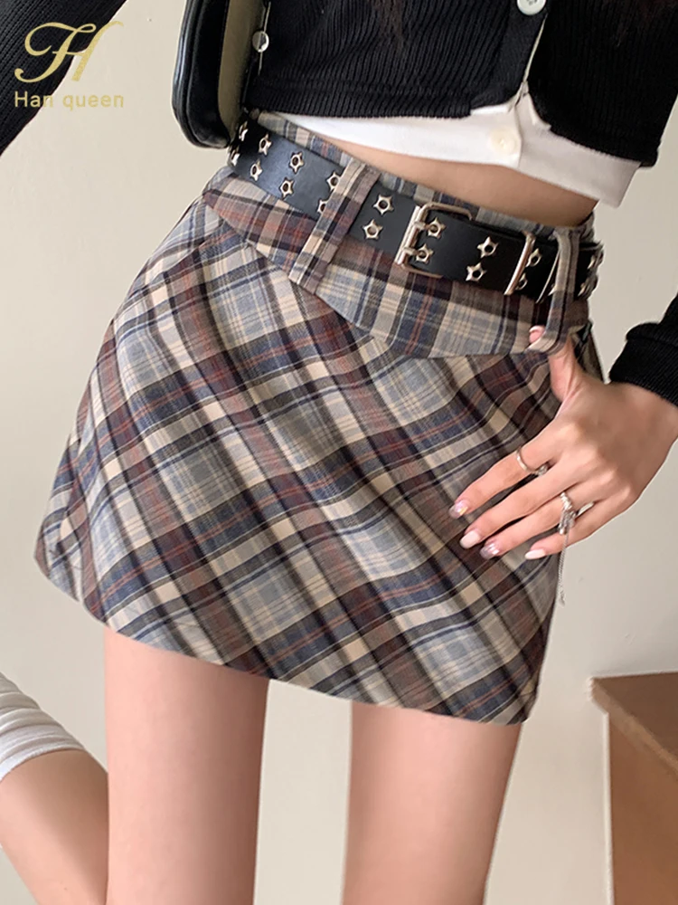 

H Han Queen Retro Female College Style High Waist Slim Hot Girl Hip Plaid Skirt Harajuku Preppy style Women Clothes Skirts