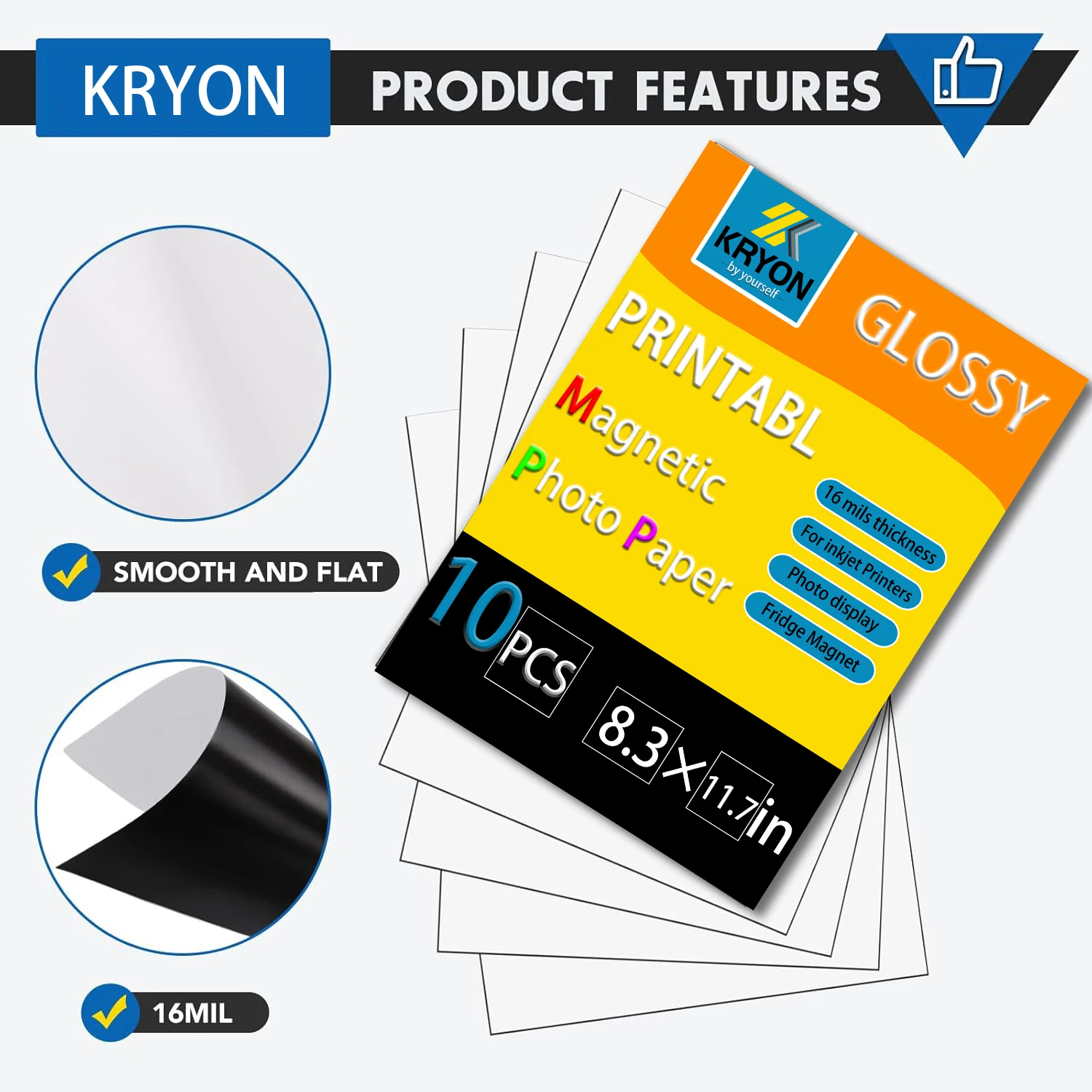 صفائح مغناطيسية قابلة للطباعة من KRYON مقاس 8.3 × 11.7 بوصة للطابعات النافثة للحبر، 5 قطع، لامعة، سميكة 16 ميلًا، غير لاصقة، مغناطيس صور DIY