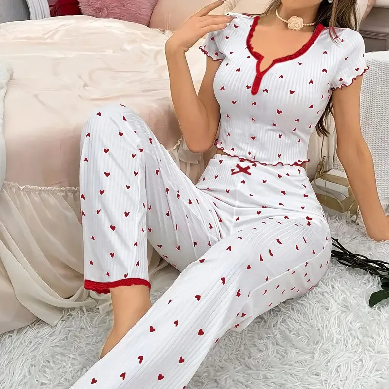 

Printed Love Pajamas Women V-neck Short-sleeved Trousers Two-piece Lingerie Set for Women Loungewear Casual Home Pyjamas Set