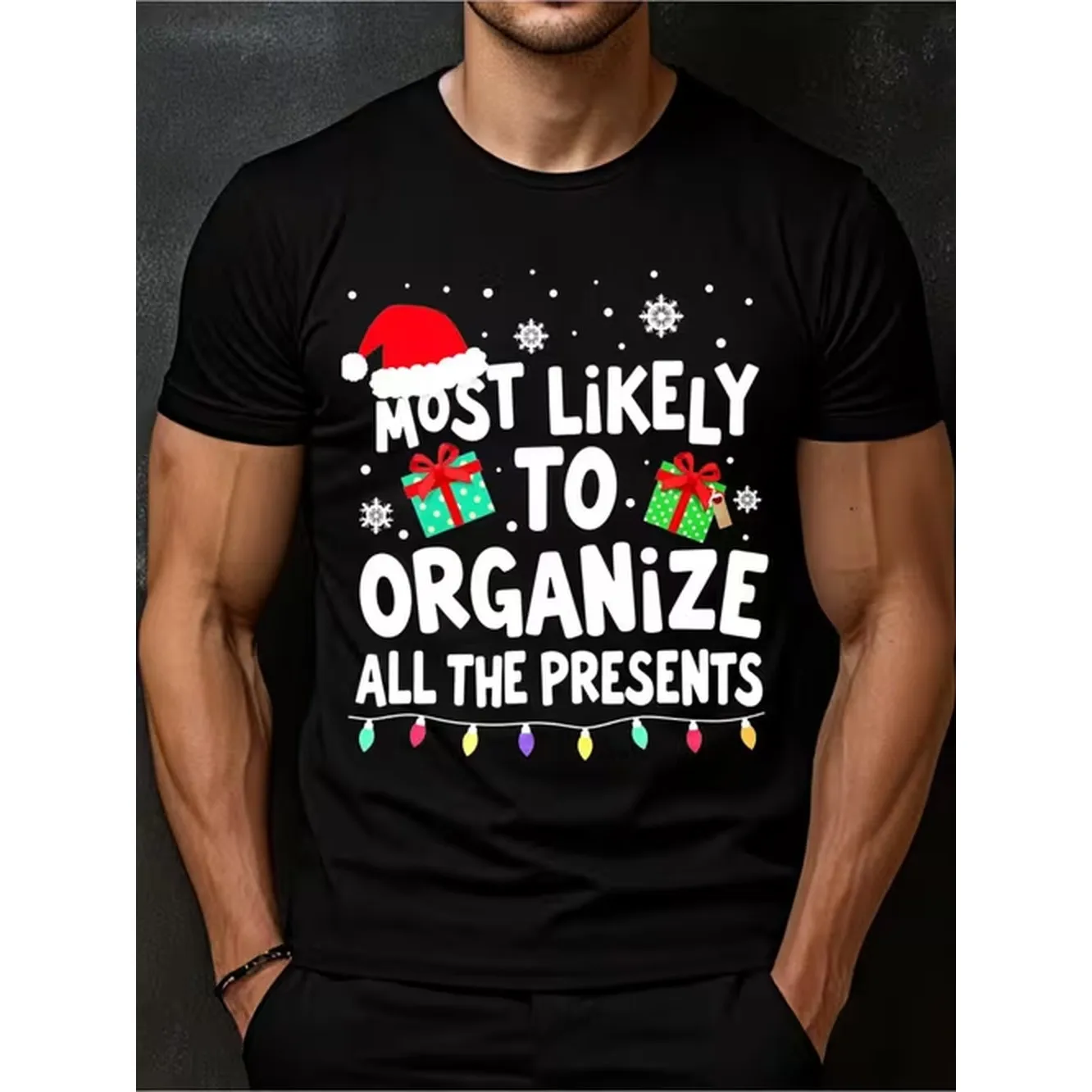 Mens Funny Christmas T Shirt Organize All The Presents With Santa Hat Gifts Print Black Crew Neck Short Sleeve Retro Humor Outfit Xmas Gift For Organizing Regular Fit White Text Design Male
