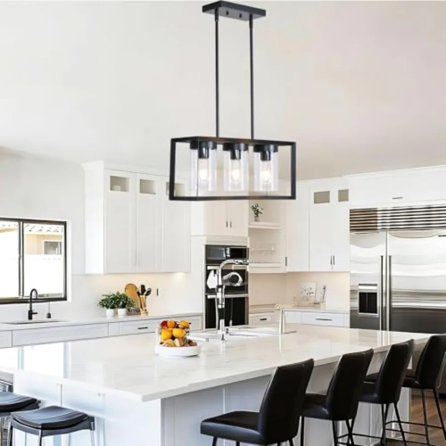 Black Rectangle Farmhouse Chandeliers, 3-Light Modern Linear Dining Room Light Fixture with Clear Glass Shades, Kitchen Island view 5