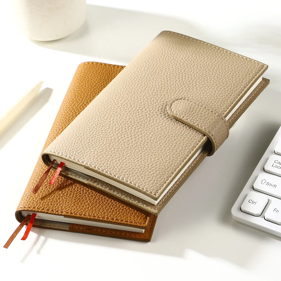 Agenda hebdomadaire A6 non daté en cuir PU lychee avec bouton-pression, carnet de planification à remplir soi-même pour l'organisation