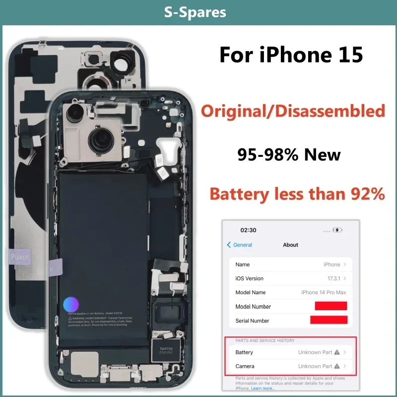 Original Disassembled Middle Housing, Back Cover Glass for iPhone 15, Battery Rear Camera, NFC Wireless Assembly, 95% New