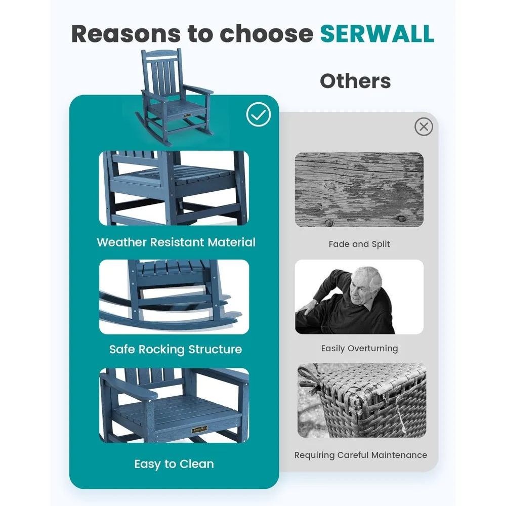 Krzesło bujane HDPE na każdą pogodę, do użytku na balkonie, podwórzu, patio - wytrzymałe krzesło bujane na werandę w kolorze niebieskim