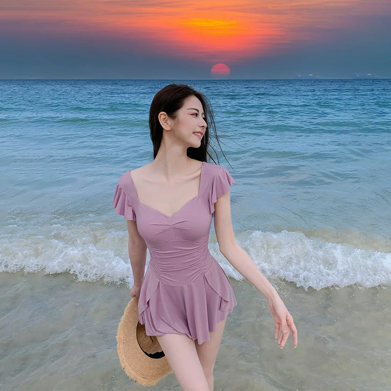 Modest Tankini Dress Swimwear Female Ruffle Hem Full Coverage Swimdress Vintage Floral Print Pool Party Vacation Outfits view 2
