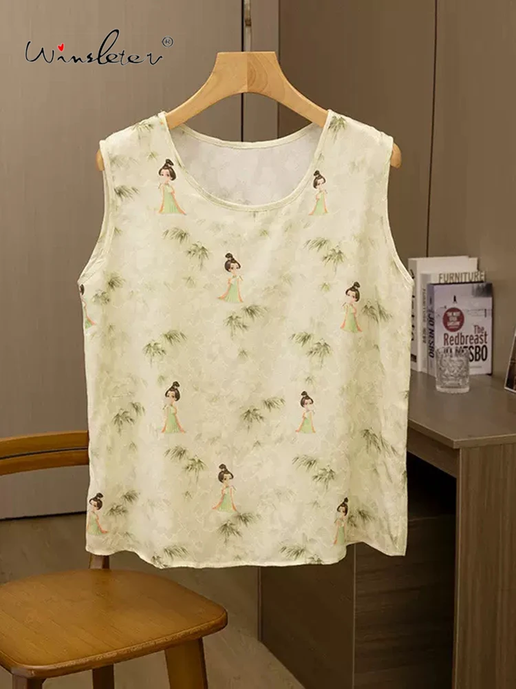 Winsleter, 100%Real Silk Elegant Vest, Woman O Neck Sleeveless Print, Versatile Commute Loose Tops, 2024 Summer Autumn T48741QC