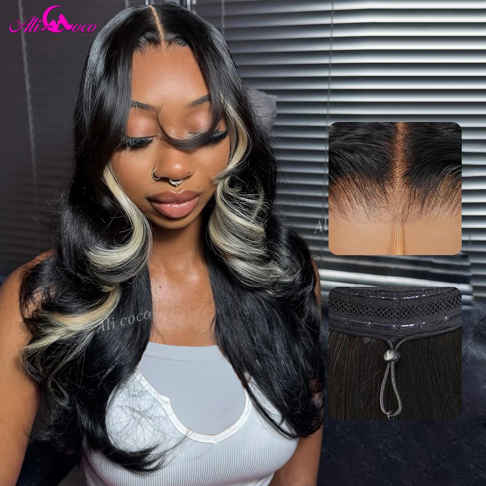 Blonde With Natural 13x6 HD Lace Front Human Hair Glueless Wigs Body Wave Pre Plucked Human Hair Drawstring Wig 180 Density