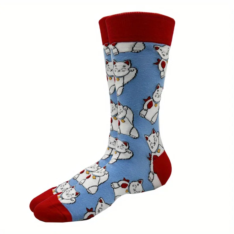 1pairs New Sock Men‘s Harajuku Funny Personality Color Blocking Cat Printing Hip Hop Simple Classic Creative Sock New