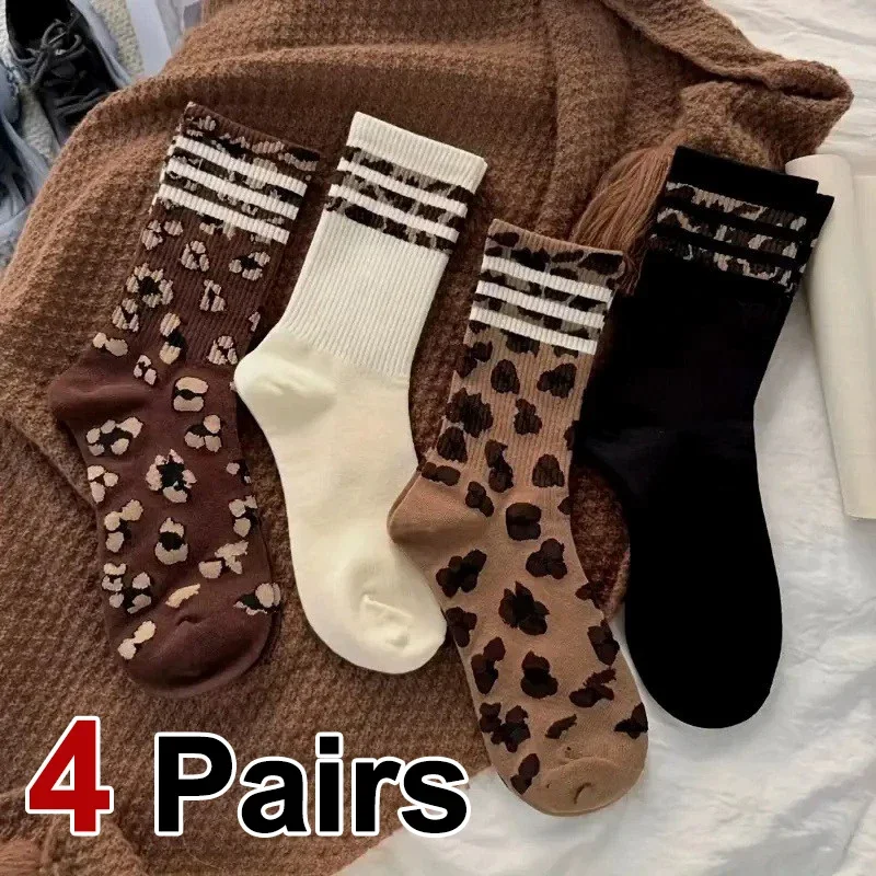 

4 пары женских носков средней длины с леопардовым узором, модные полосатые впитывающие пот дышащие мягкие удобные спортивные повседневные носки