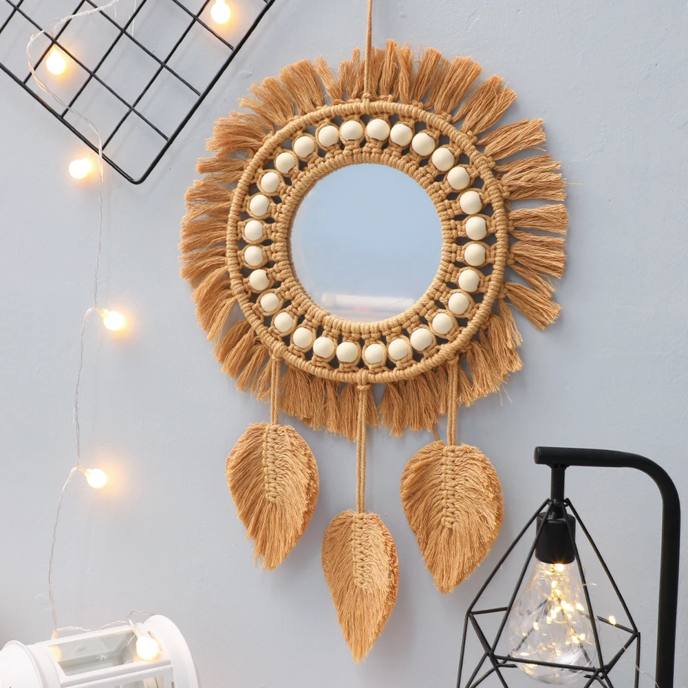 

Nordic Macrame Mirror Wall Hanging Leaf Round Macrame Tapestry Cotton Room Decor