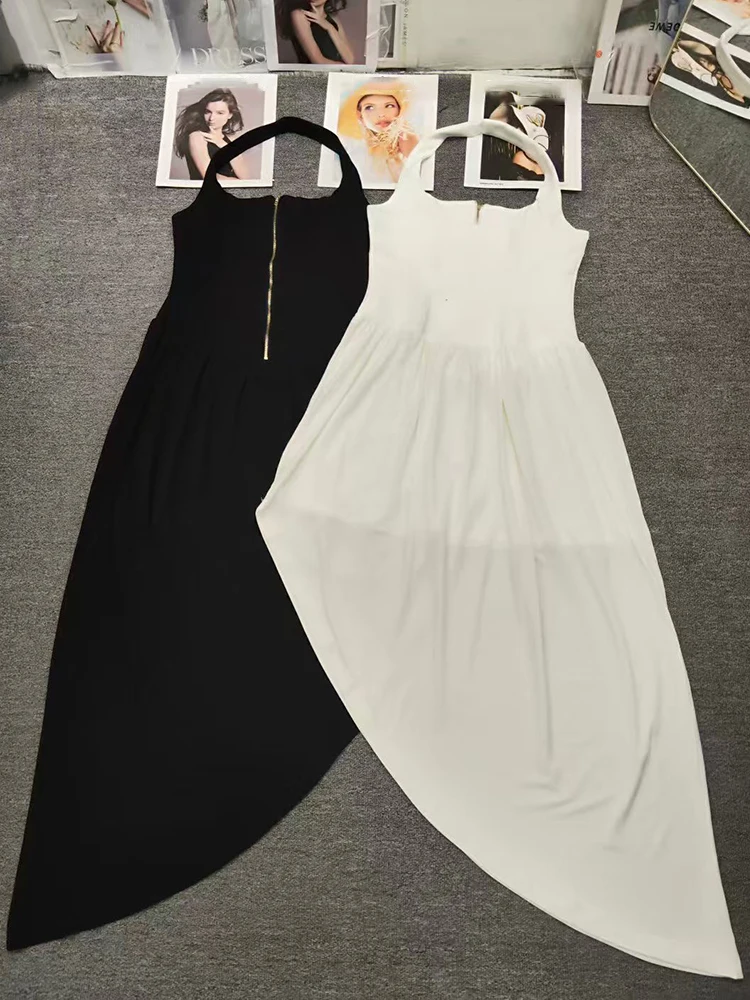 Abito halter senza maniche con spalle scoperte sexy in tinta unita Abito irregolare a pieghe sottile con cerniera moda donna estiva 2025