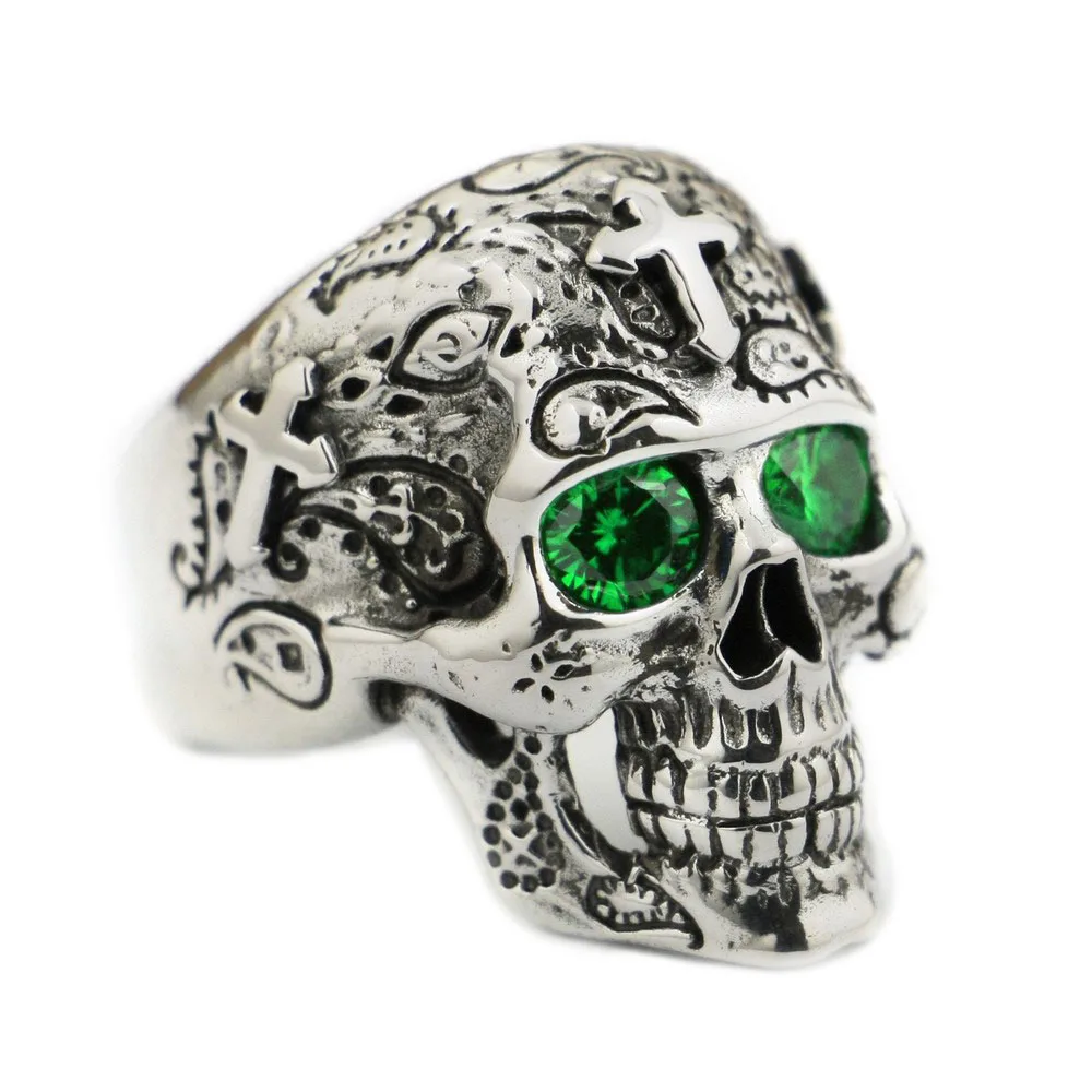 Green CZ Eyes Details 925 Sterling Silver Skull Cross Ring TA57 US Size 7 to 15 BZ