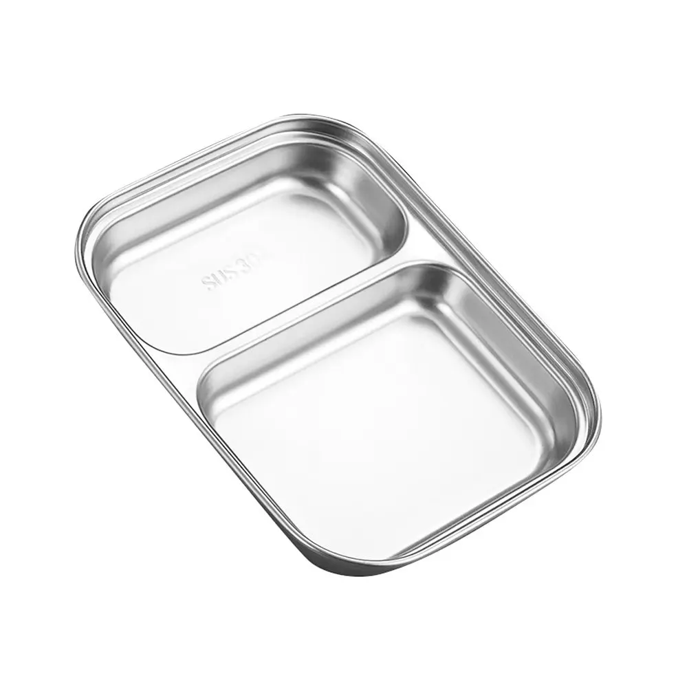 Stainless Steel Two-Grid Compartment Food Plate for Breakfast Lunch Serving Divided Dish Household Tableware Food Serving Tray