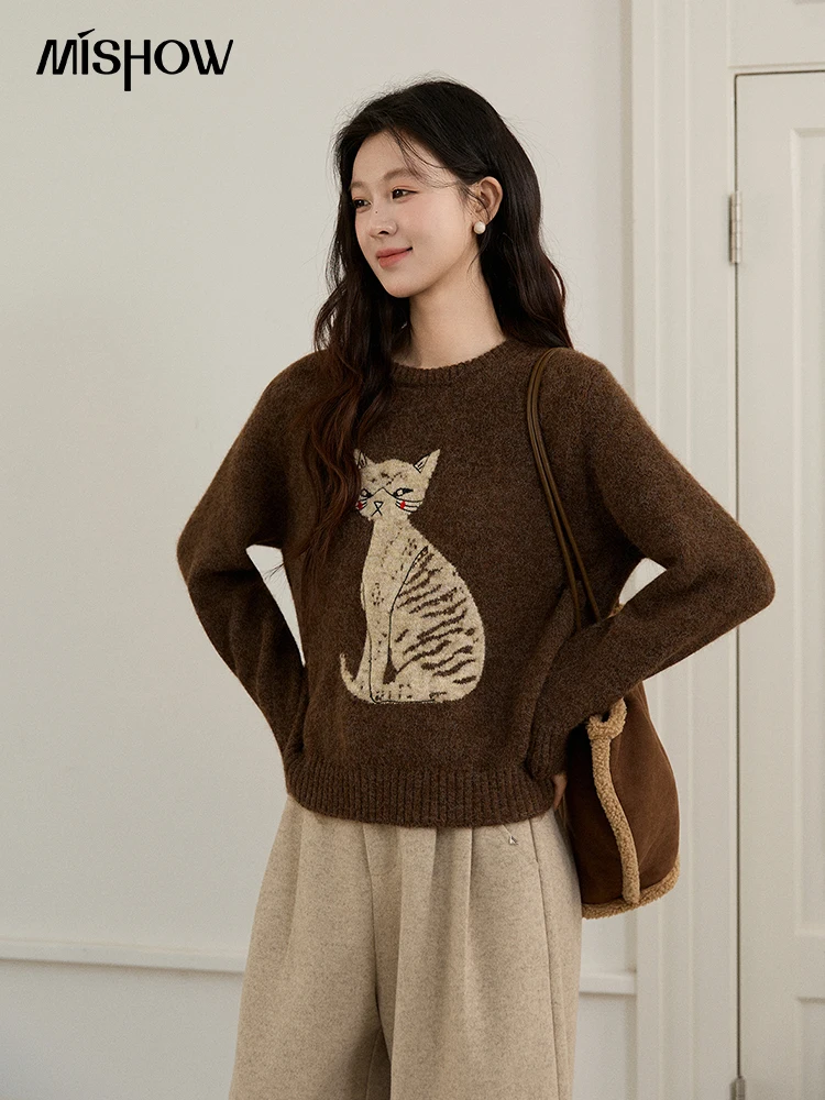 

Женский коричневый вязаный свитер MISHOW 2025 года, осенне-зимний, с жаккардовым узором в виде кошки, с круглым вырезом, свободный пуловер, топ MXE94Z2991