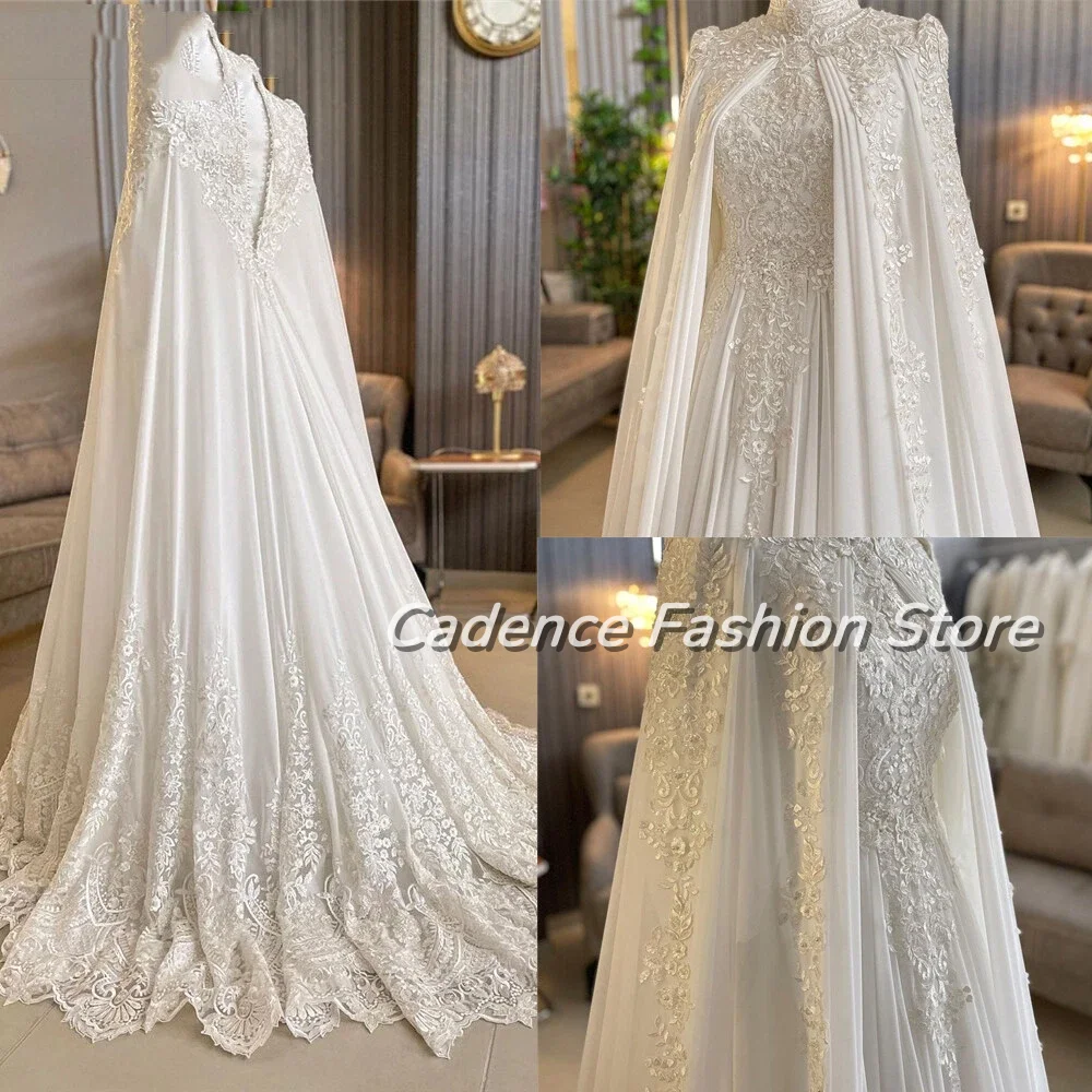 فستان زفاف أبيض أنيق مخصص زي العرائس مسلم الرقبة العالية كلمة 2025 الثقيلة مطرز الدانتيل زينة زي العرائس