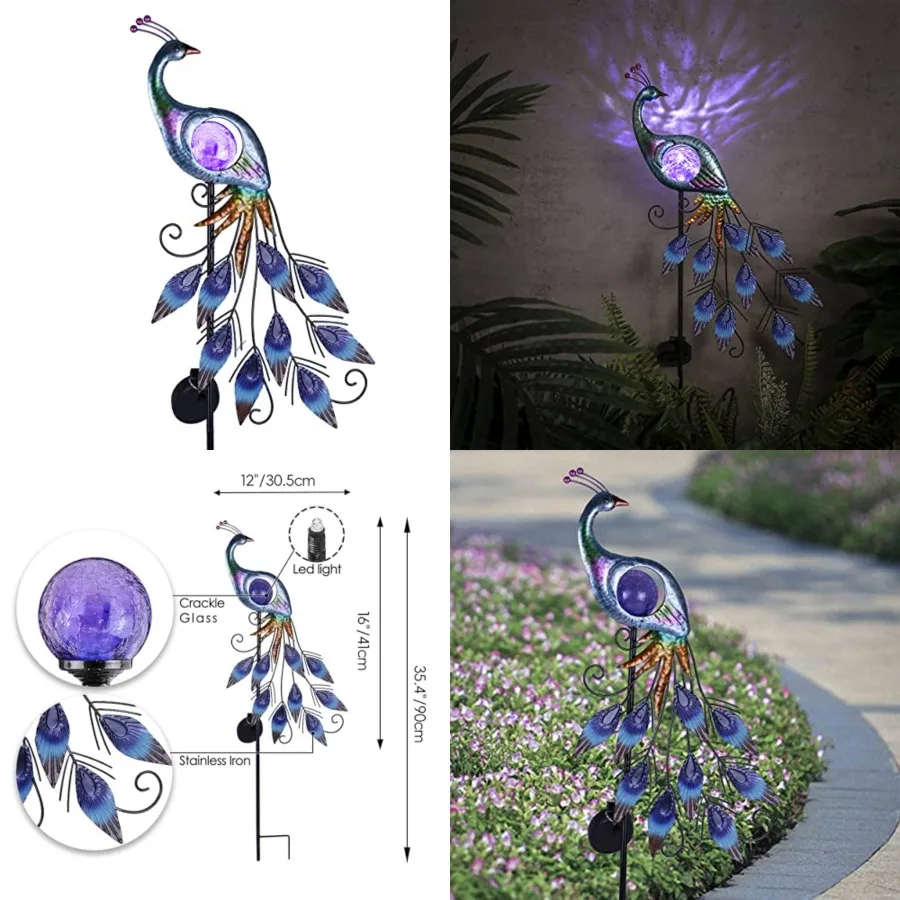 

Yard Decorations Outdoor for Garden Decor, Peacock Solar Outdoor Lights, 35.4'' Metal Lawn Ornaments for Outside with Crackle G