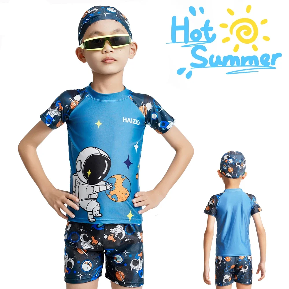 Little Boys Two Piece Swimsuit Set Beach Wear Kid Vacation Swimwear Cartoon Cute Blue Astronaut Medium Children Quick Drying