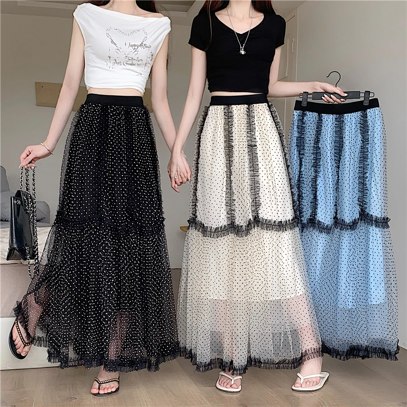 

Юбка макси 2026 с французским кружевом и оборками, украшенная вставками, с высокой сетчатой вставкой, милая, средней длины, с подкладкой и шортами