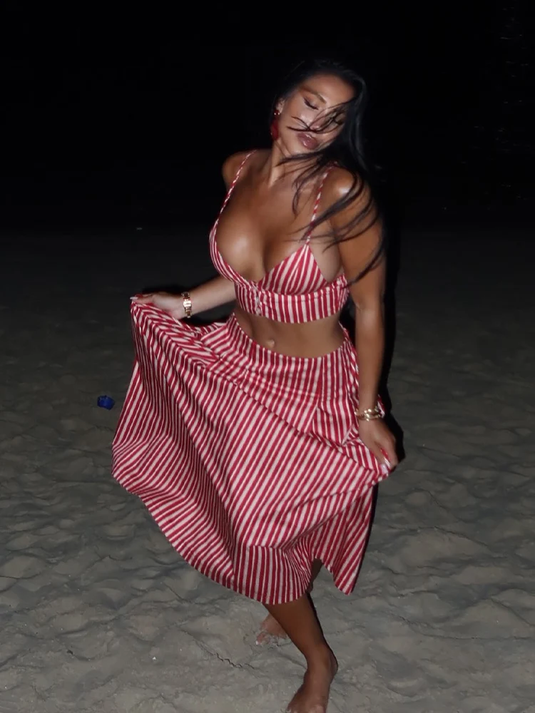 HH Women's Sexy Skirt 2-Piece Set Fashion Striped Backless Short Sling Top+Elegant Striped Zipper High Waist Midi Long Skirt