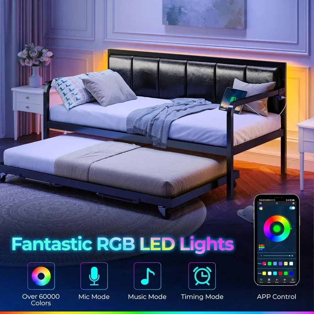 Sofá cama con estación de carga USB y sofá doble LED de altura ajustable con estructura de cama tapizada con nido