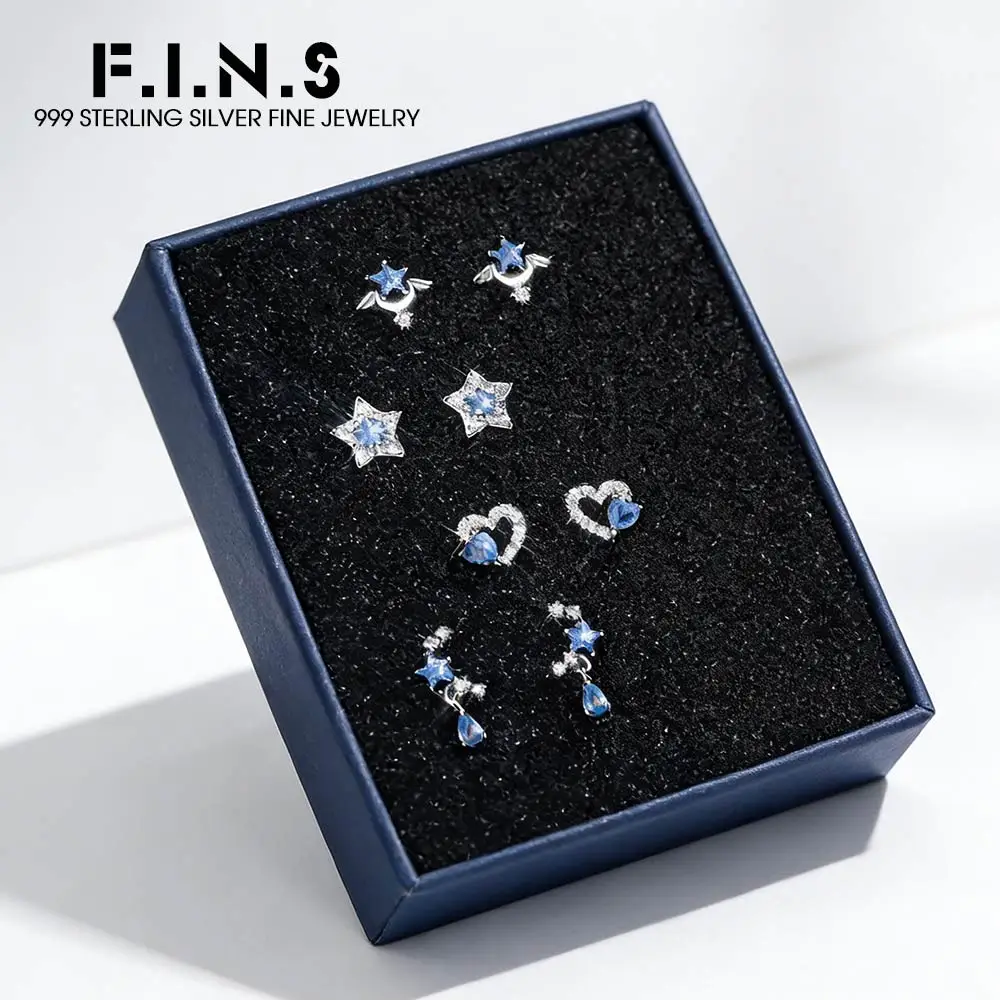 

Серьги-гвоздики F.I.N.S S999 из стерлингового серебра с синим сердцем, луной и звездой для женщин, роскошные, маленькие, для пирсинга, изысканные ювелирные украшения, подарки