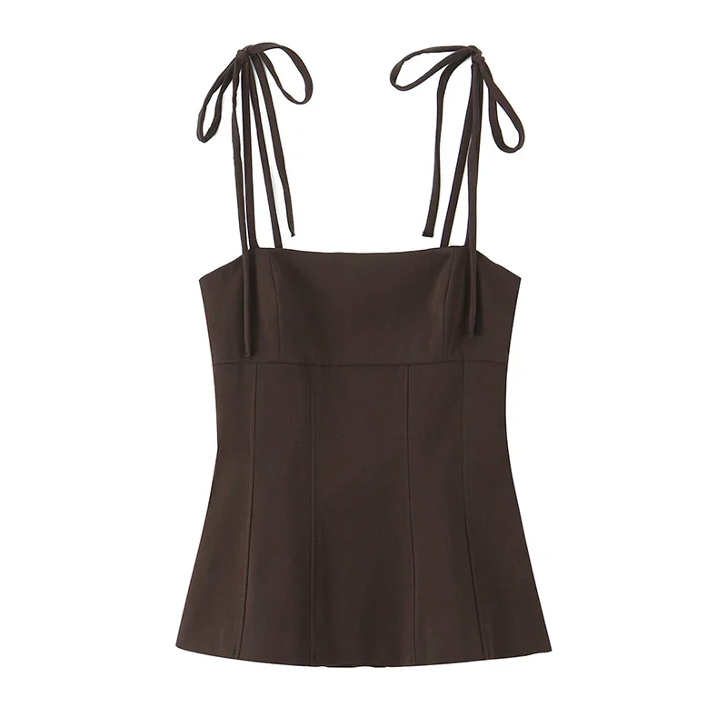 

Women Fashion Brown Backless Bow Lace Up Side Zipper Camis Vintage Thin Straps Square Collar Female Chic Lady Tops
