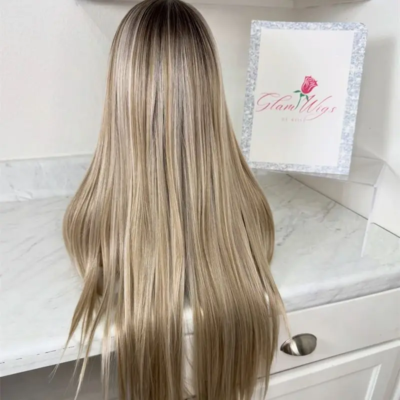 Glueless Hairline Ombre Ash Blonde Brown Highlights Synthetic HD Lace Front Wig 28 Inch Soft Long Straight Wig High Quality Wig