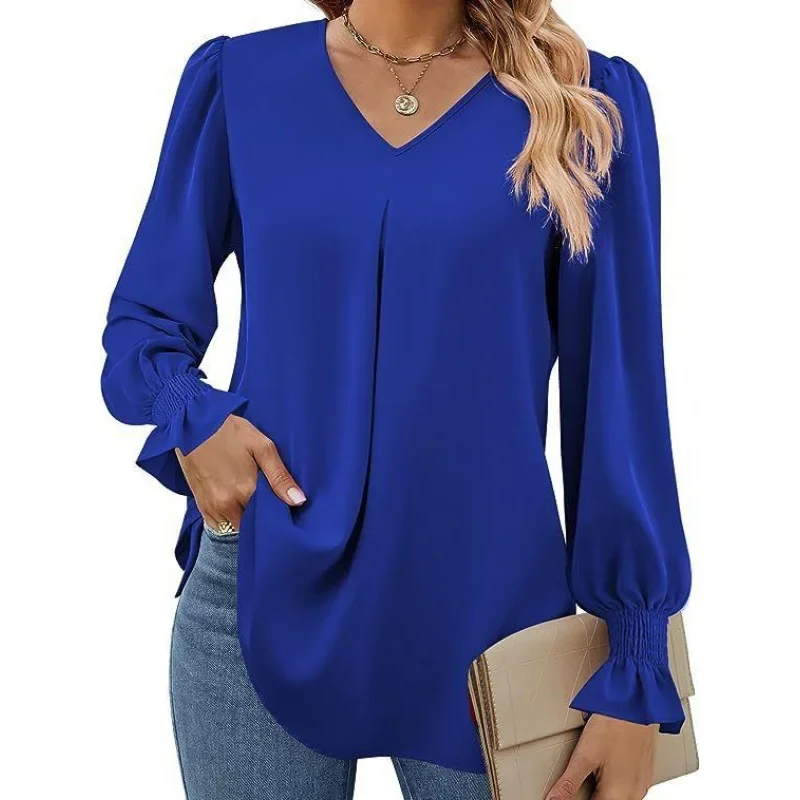 Women Spring Summer Shirt Blouse V Neck Pullover Solid Color Long Sleeve Casual Fashion Comfortable Regular Standard Fit Shirt