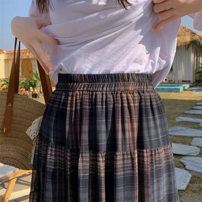 Dames retro geruite rok met hoge taille Geruite chiffon rok Elegante lange rok Nieuwe A-lijn Grote Swing Cake Losse avondjurk