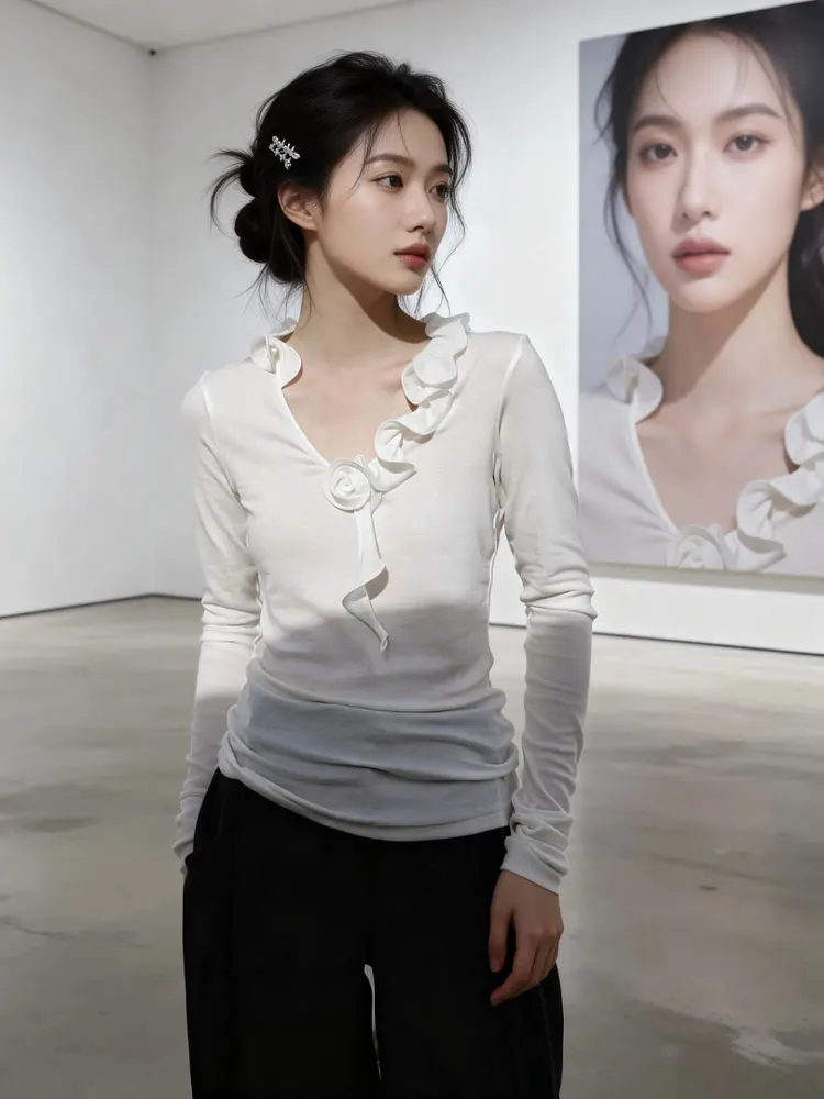 

Романтический длинный топ-футболка для женщин с V-образным вырезом, цветочным воротником, универсальный базовый слой, высокая талия, дышащий, приятный к коже...