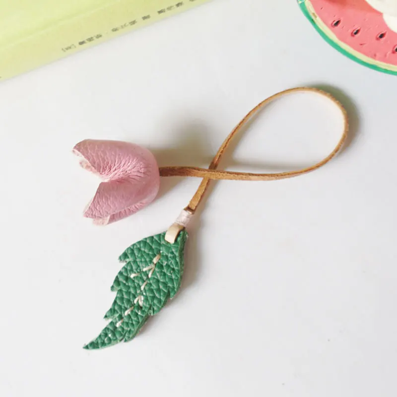 

Handmade Custom Fresh Artistic Leather Bookmark Bag Pendant Decoration Pink Small Flower Double-Sided Two Tone Green Leaf