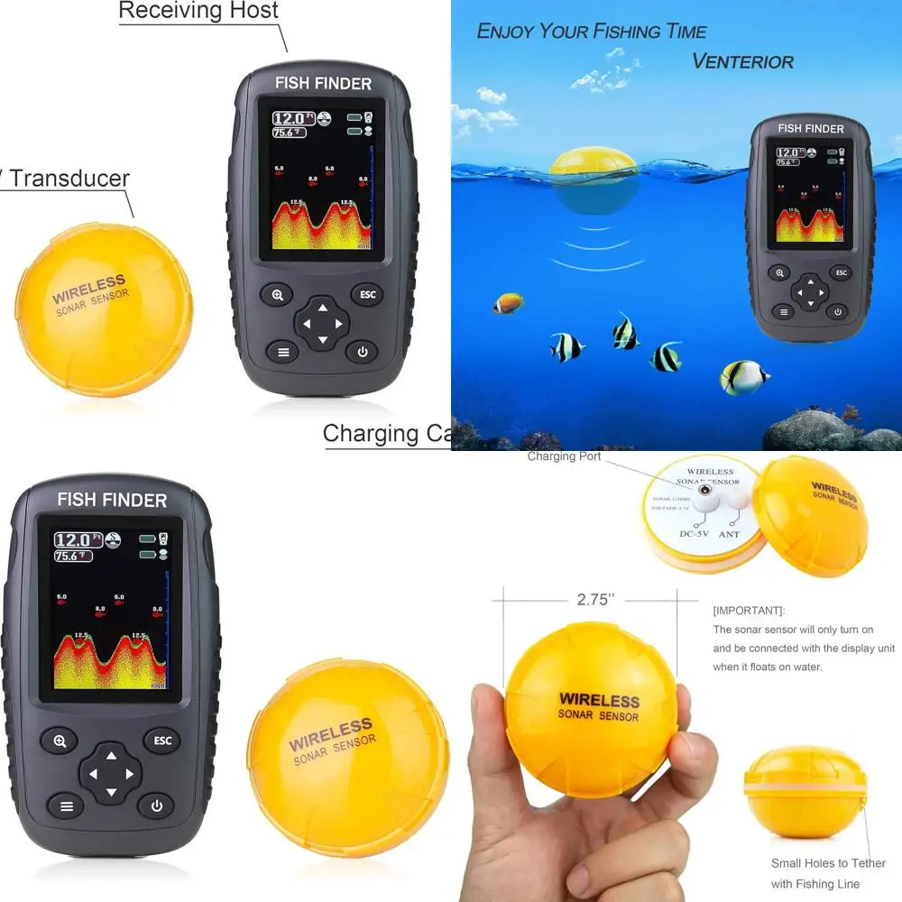 

Portable Rechargeable Fish Finder Wireless Sonar Sensor Fishfinder Depth Locator with Fish Size, Bottom Contour, Color LCD Displ