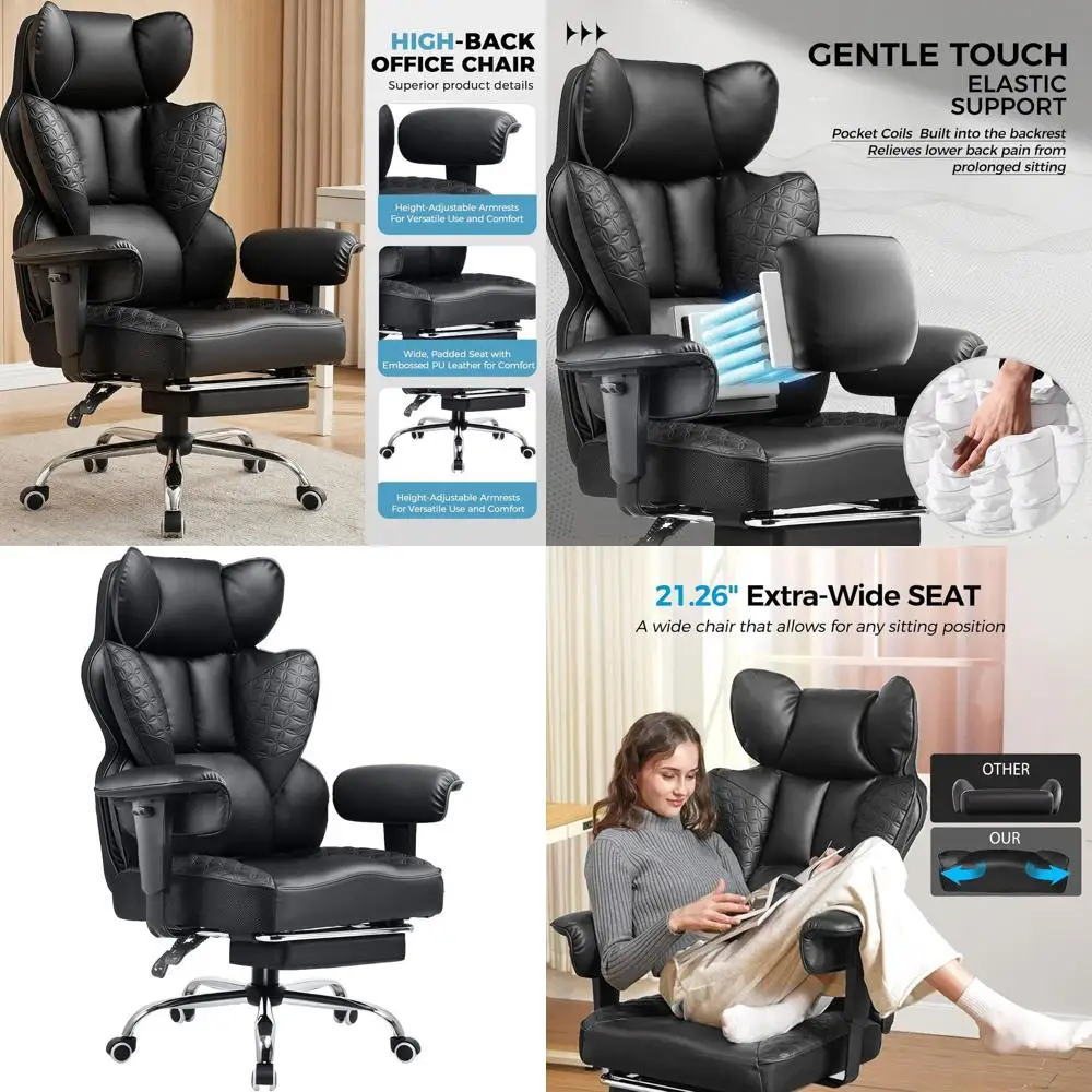 Ergonomic Heavy-Duty Wide Gaming Chair with Deluxe Leather, Footrest, 150° Recline, Adjustable Armrests, and Pillow Support
