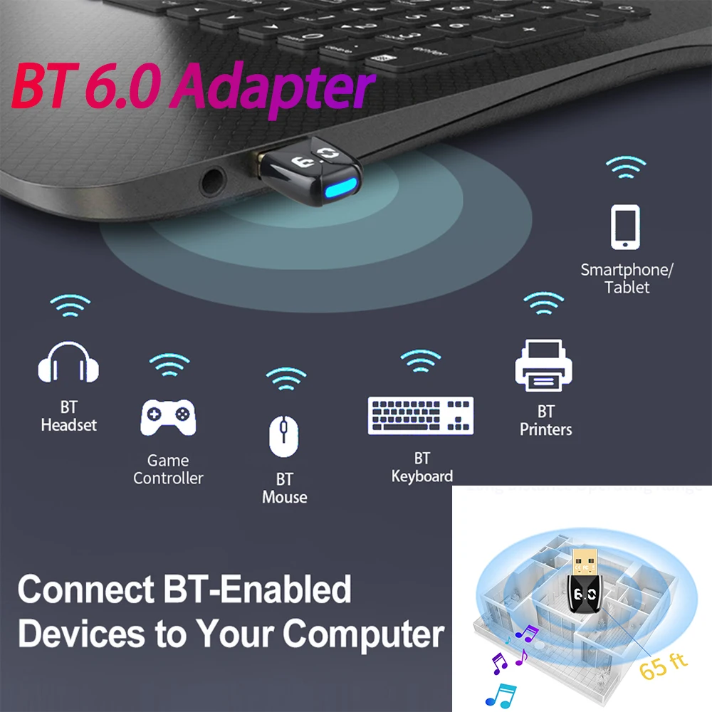 

BT 6.0 Adapter USB BT 6.0 Dongle Wireless BT Transmitter Receiver for PC Mouse Keyboard Headphones Speakers
