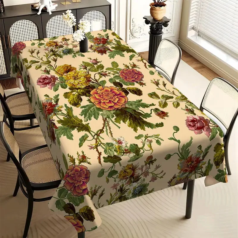 1pc Navy Blue, Beige and White Striped Tablecloth, suitable for indoor use