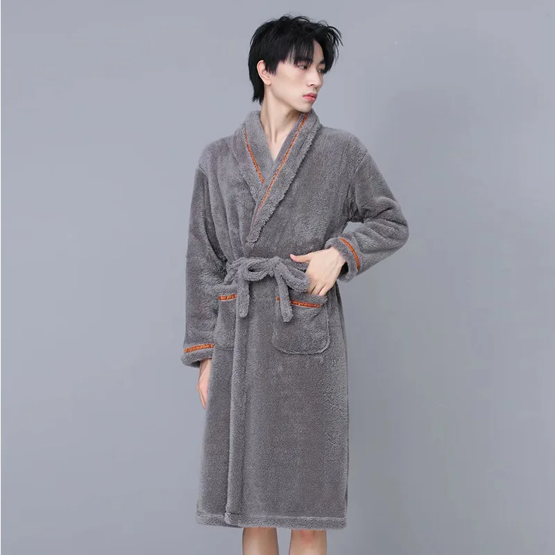 

Winter Bathrobe Men V-neck Flannel Bathrobe Pajamas For Men & Women Couple Robes Lounge Bathrobe Long Sleeve Nightgown 2022