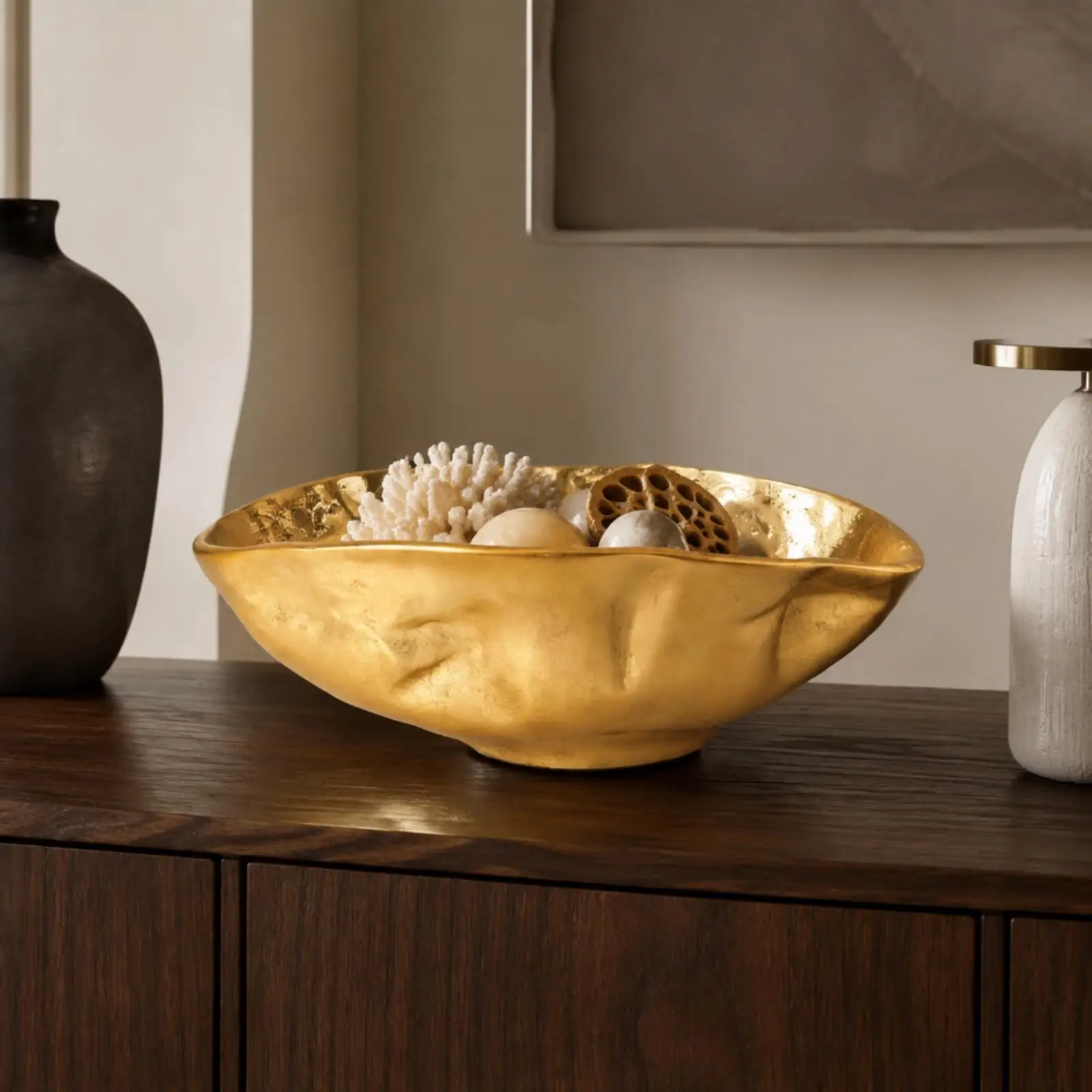 Rustic Aluminum Serving Tray Sculptural Metal Bowl for Shelf Display Fruit Dessert Catchall Holder