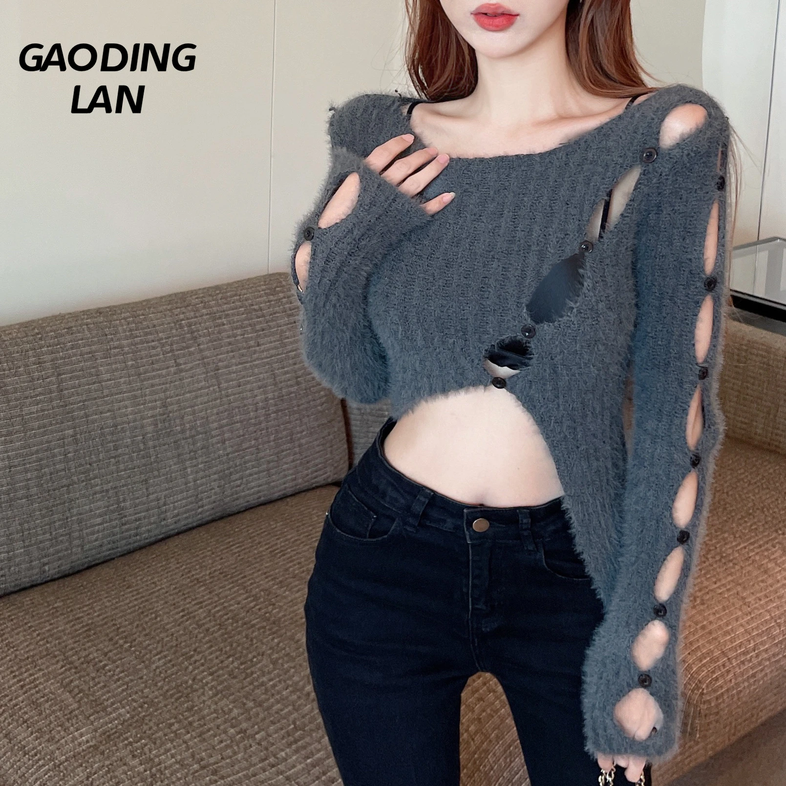 GAODINGLAN Long Sleeve Sexy Hollow Out Knitted Tops Women Irregular Slanted Placket Sweaters Autumn Winter Slim Fit Crop Sweater