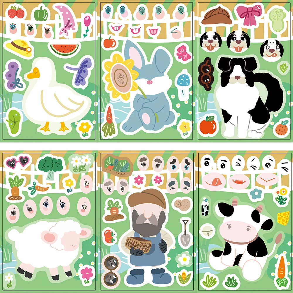 8/16 Arkuszy Urocze Naklejki Puzzle z Kreskówkowymi Zwierzętami dla Dzieci DIY Zabawki do Samodzielnego Wykonania, Zabawne Naklejki do Składania, Edukacyjna Zabawka dla Dzieci