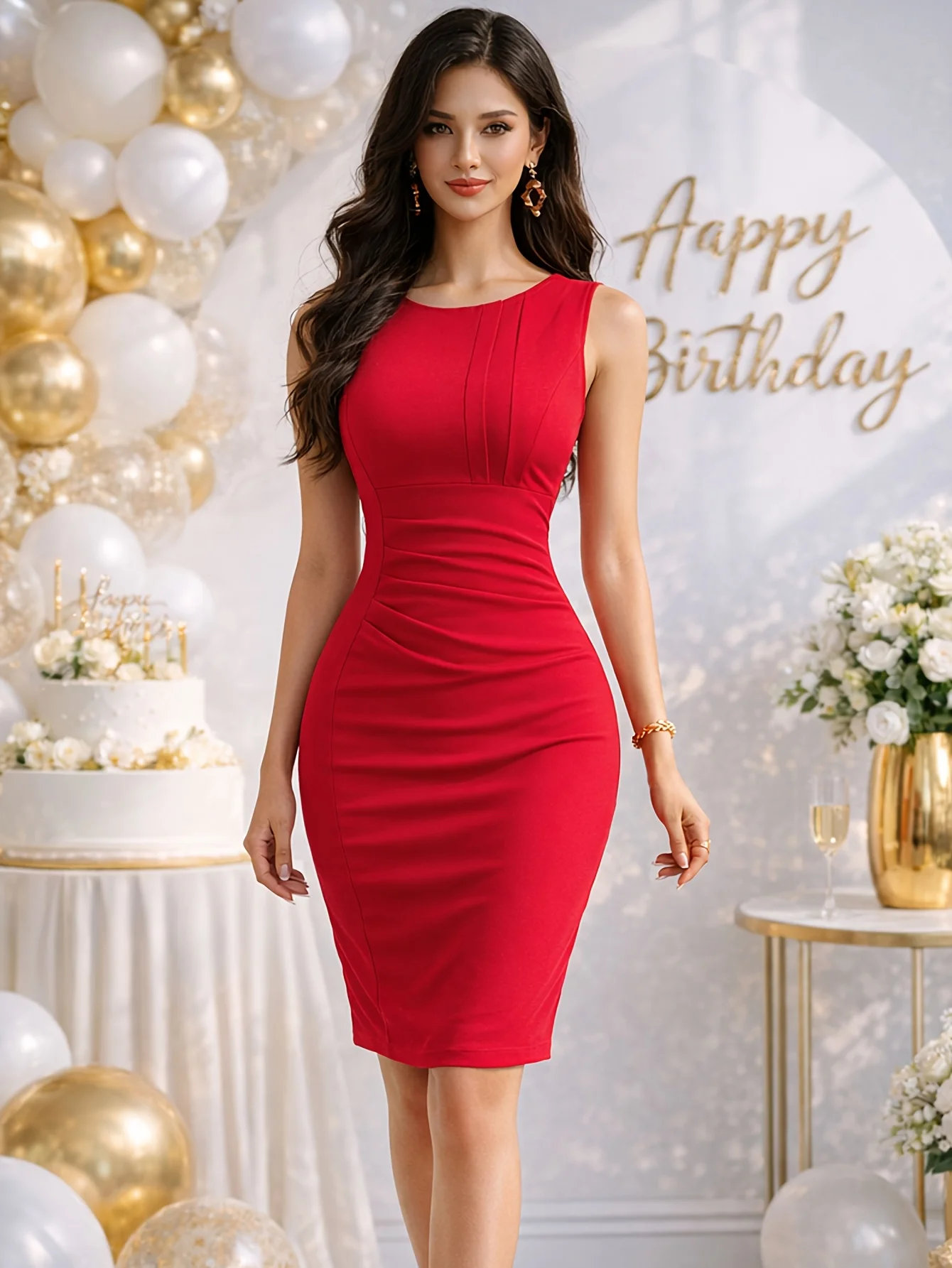 Elegante damesjurk met ronde hals, mouwloos, gerimpeld, slank, geschikt voor werk, kantoor, cocktailparty, knielange, kokerjurk, bodycon, penciljurk.