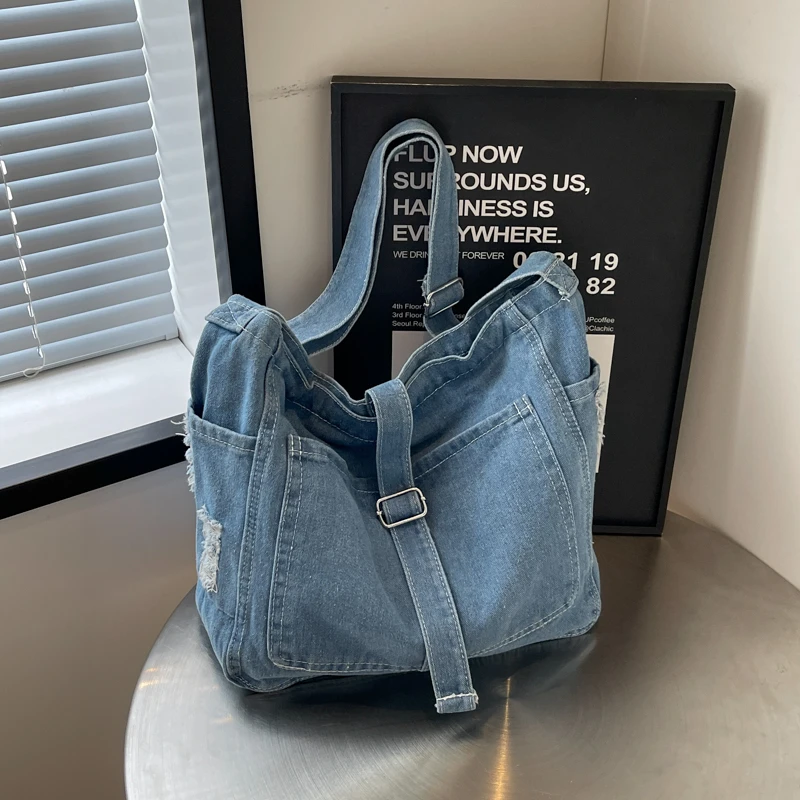 Denim Zipper Large Capacity Women\'s Shoulder Bags 2024 Fashion Sewing Thread Trend High Quality Summer Hot Sale Crossbody Bag