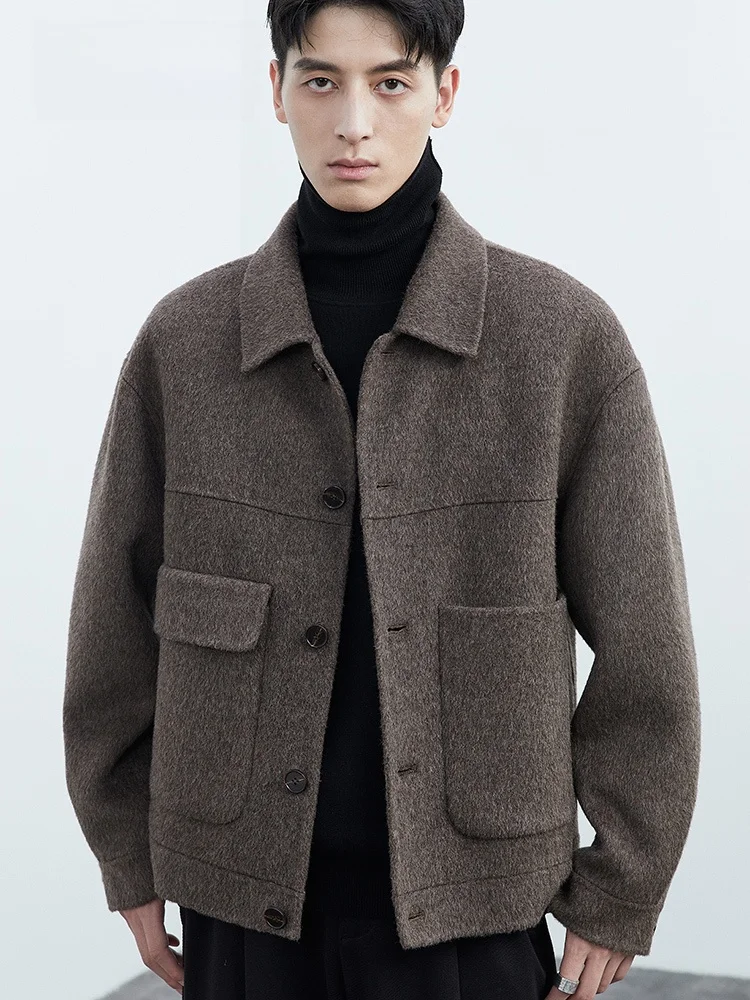 

00% чистая шерсть, мужское твидовое пальто с высоким поворотом, модное осенне-зимнее двустороннее шерстяное пальто, свободный крой, городский слэ