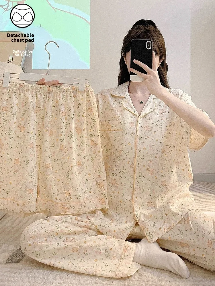 plus Size Women's Summer Sleepwear Short Sleeve Thin Cool Feeling Three Piece Set Cute Home Clothes Outdoor Wear Comfortable ...