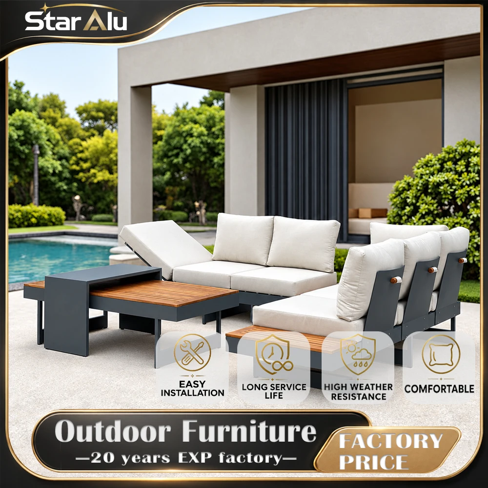 Outdoor Reclining Sofa Aluminum Frame Patio Daybed with Folding Backrest Polyester Cushions Foam Filling Garden Sun Lounger