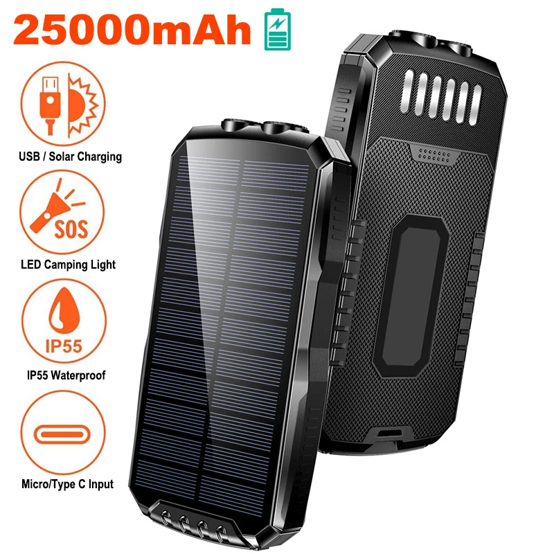 

25000mAh Solar Power Bank Waterproof Portable Solar Panel Fast Charger Powerbank for iPhone 17 Samsung Xiaomi External Battery