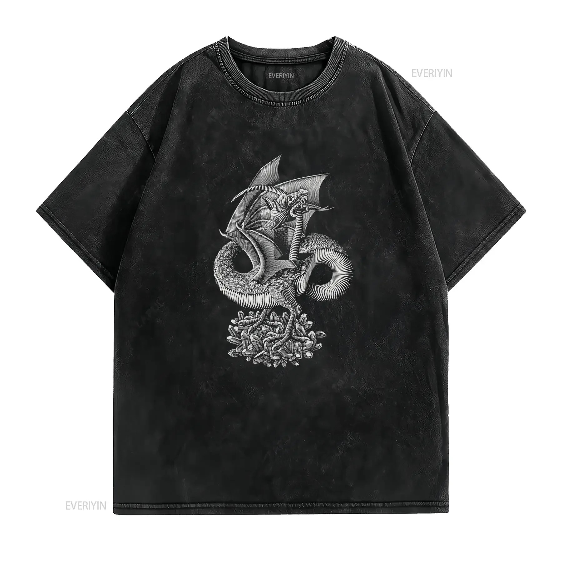 m c escher 1952 woodcut dragon black and white reproduction T Shirt vintage Washed designer clothes fashion Slightly Stretched