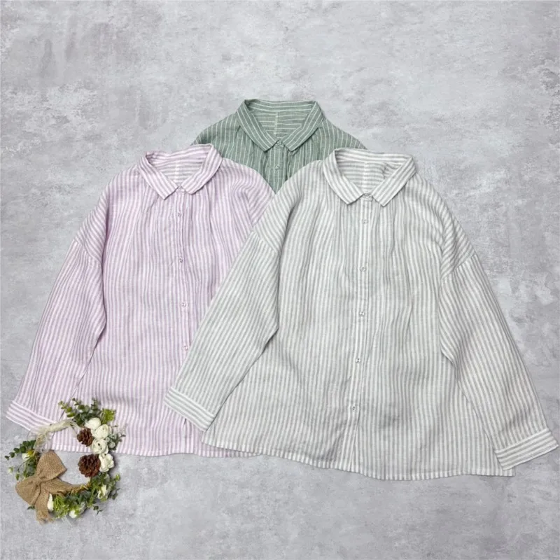 

Johnature Vintage Linen Shirts For Women 2025 Summer New Casual Turn-down Collar Loose All Match Striped Women Blouses