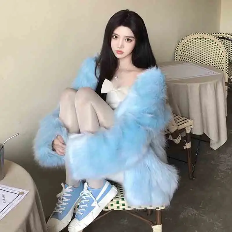 Blue Fur Coat Female Autumn Winter 2024 New Luxury Design Loose Plush Fur Overcoat Women Imitation Fox Fur Long Fur Jacket