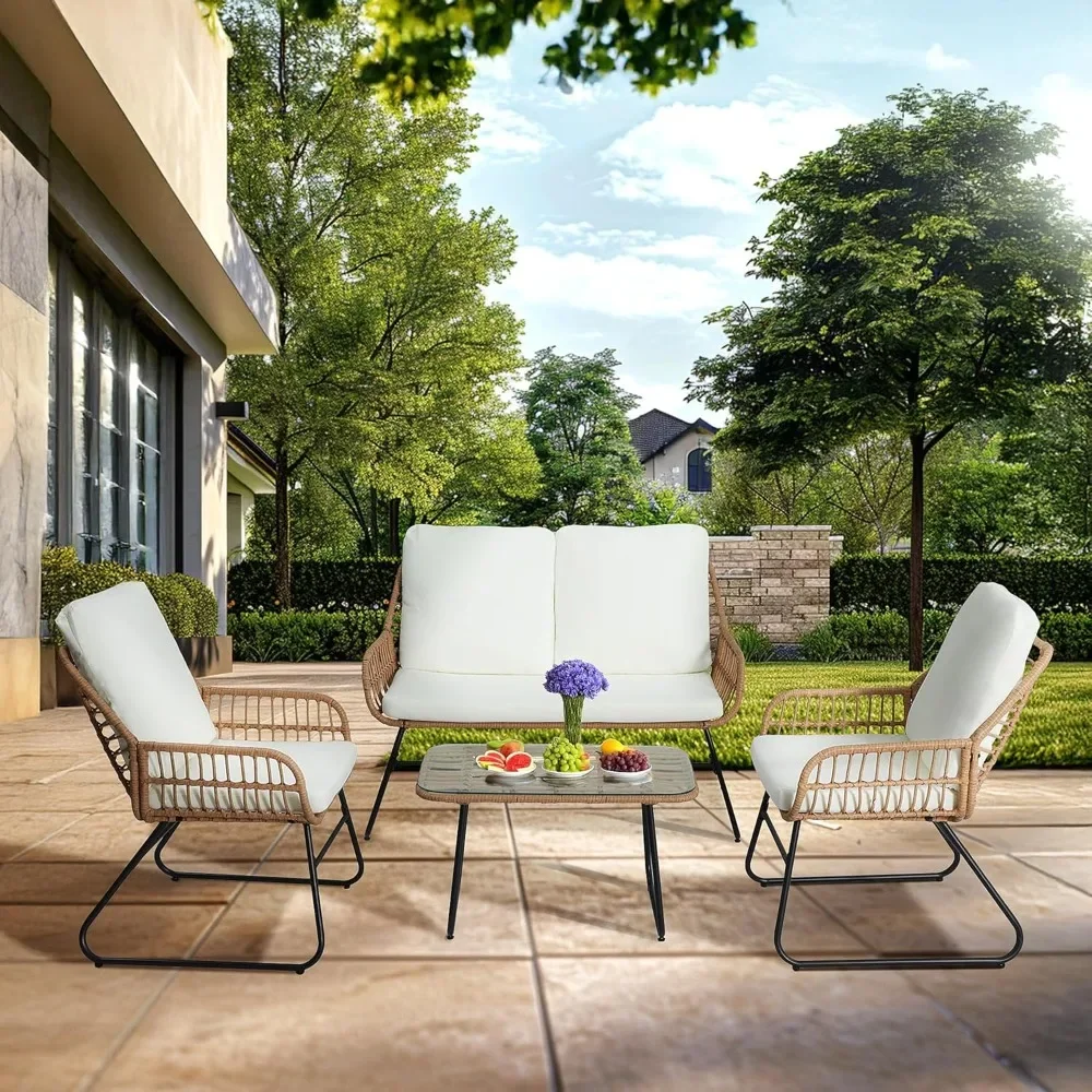 

4 Pieces Outdoor Patio Furniture Set,Patio Conversation Set,Rattan Wicker Bistro Sets with Loveseat Chairs and Coffee Table